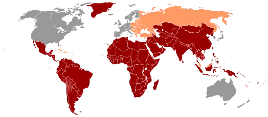 Hepatitis A distribution 2005 &nbsp;&nbsp;High: prevalence higher than 8% &nbsp;&nbsp;Intermediate: between 2% and 7% &nbsp;&nbsp;Low : less than 2%
