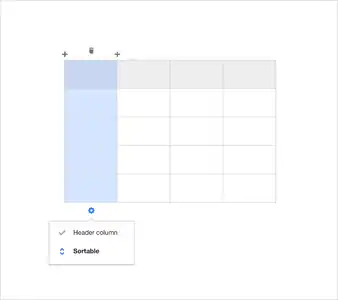 7. A user is editing a column and has clicked on the cog icon to see more options. The user can make it a header or make it sortable