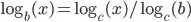 \log_b(x)=\log_c(x)/\log_c(b)