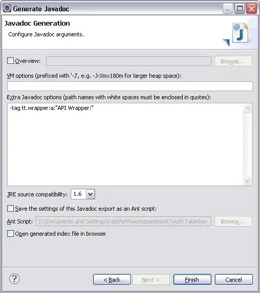 Third configuration screen for Eclipse Doclet Javadoc Export