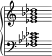 \new PianoStaff \with {
\omit Score.SpanBar
\omit Score.BarLine
\omit Score.TimeSignature
} <<
\new Staff \relative c'' {
\clef "treble" <des bes g es>1 }
\new Staff \relative c' {
\clef "bass" <es ces aes fes>1 }
>>