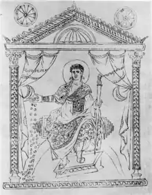 Constantius II.mit Lorbeerkranz und Zepter auf einem Thron mit Ehrenvorhang, Münzen ausstreuend, AD 345