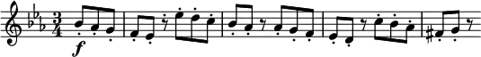 \relative bes' {
\key es \major \time 3/4
\partial 4. bes8-. \f as-. g-.
f8-. es-. r-. es'-. d-. c-.
bes8-. as-. r as-. g-. f-.
es8-. d-. r c'-. bes-. as-.
fis8-. g-. r
}