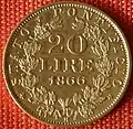20&nbsp;Lire Vatikan Gold 1866, Raugewicht 6,45&nbsp;g =&nbsp;5,81&nbsp;g Feingold