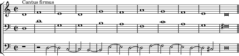 
\new ChoirStaff <<
   \new Staff <<
    \set Score.tempoHideNote = ##t
    \tempo 2 = 88
    \time 2/2
    \set Score.skipBars = ##t
         \relative c'
         { d1^"Cantus firmus" f e d g f a g f e \override NoteHead.style = #'baroque d\breve \bar "||" }
          >>

    \new Staff <<
              \clef "bass"
              \relative c { d1 d' g, g b a f c' a g \override NoteHead.style = #'baroque fis\breve }
     >>

    \new Staff <<
              \clef "bass"
              \relative c { r1 r2 d ~ d c ~ c b ~ b e ~ e d ~ d f ~ f e ~ e d ~ d cis \override NoteHead.style = #'baroque d\breve }
     >>
 >>
