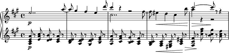 
{ \new PianoStaff <<
\new Staff \relative e'' { \set Staff.midiInstrument = #"string ensemble 1" \key a \major \clef treble \time 4/4 \set Score.tempoHideNote = ##t \tempo 4 = 100 \stemUp
  e2.. \p a8 ~ | % 2
  a8 gis4 fis4 e4 d'8 | % 3
  << { \voiceOne cis4 r4 r2
        s1
        cis2 ~ cis8 r8 r4 }
  \new Voice { \voiceTwo cis,2.. fis8 ~
         fis8 eis4 \< d4 cis4 b'8\!
          a4\> r4 r2\! }
>> \oneVoice
  }
\new Staff \relative a { \set Staff.midiInstrument = #"string ensemble 1" \key a \major \clef treble \time 4/4
  <a cis e a>8 \p r8 <e' a cis>8
  r8 <d e b'>8 r8 <cis e a>8 r8 | % 2
  <b d e>8 r8 <a d e>8 r8 <gis d' e>8 r8 <b e gis>8 r8 | % 3
  <a e' a>8 r8 <cis fis a>8 r8 <b cis gis'>8 r8 <a cis fis>8 r8 |
  <gis b cis>8 r8 \< <fis a cis>8 r8 <eis gis cis>8 r8 <a cis eis>8 \! r8\> |
  <fis cis' fis>8 r8 \! <cis'' fis a>8 r8 <b cis gis'>8 r8 <a cis fis>8 r8}
>> }
