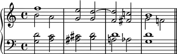 
\version "2.14.2"

\header {tagline = ##f}

upper = \relative c'' {
  \clef treble
  \key c \major
  \time 4/4
  \tempo 2 = 80

      <<
         {
           \voiceOne
           f1 <g, e'>2 <g d'> ~ <f d'> <fis c'!> b1 \bar "||" }
           \new Voice {
           \voiceTwo
           b2 a s1 s g2 f! }
      >>
}


lower = \relative c {
  \clef bass

      <<
         {
          \voiceOne
          s1 s d' }
          \new Voice {
          \voiceTwo
          <g, d'>2 <a c> <ais cis> <b d> ~ a! as <g d'>1 }
      >>
}

\score {
  \new PianoStaff <<
    \new Staff = "upper" \upper
    \new Staff = "lower" \lower
    \new FiguredBass {\figuremode
    { }
  }
  >>
  \layout {
    \context {
      \Score
      \remove "Metronome_mark_engraver"
    }
  }
  \midi { }
}
