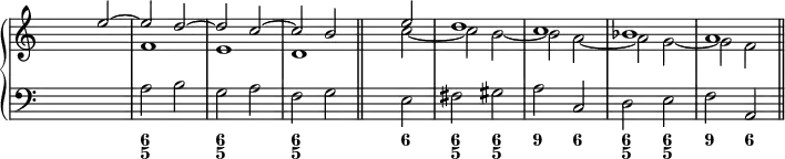 

\new PianoStaff <<
<< % wegen Generalbass
   \new Staff <<
    \set Score.tempoHideNote = ##t
    \tempo 4 = 160
    \override Staff.TimeSignature.transparent = ##t
     <<
     \new Voice = "first"
       \relative c''
         { \voiceOne s2 e ~ e d ~ d c ~ c b \bar "||" s2 e d1 c bes a \bar "||" }
     \new Voice = "second"
       \relative c'
         { \voiceTwo s1 f e d s2 c' ~ c b ~ b a ~ a g ~ g f }
     >>

     >>

    \new Staff <<
           \override Staff.TimeSignature.transparent = ##t
              \clef "bass"
              \relative c' { s1 a2 b g a f g s e fis gis a c, d e f a, }
     >>
 >>
  \new FiguredBass {
    \figuremode { <_>1 <6 5> <6 5> <6 5> <_>2 <6> <6 5> <6 5> <9> <6> <6 5> <6 5> <9> <6> }
   }

>> % wegen Generalbass

