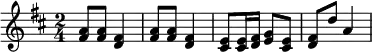 {\set Staff.midiInstrument = #"celesta" \key d \major \time 2/4 <fis' a'>8 <fis' a'> <d' fis'>4 <fis' a'>8 <fis' a'> <d' fis'>4 <cis' e'>8 <cis' e'>16 <d' fis'> <e' g'>8 <cis' e'> <d' fis'>8 d'' a'4}