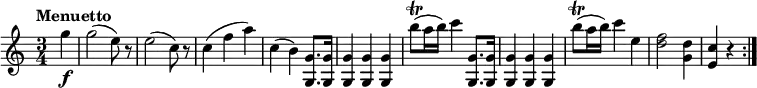 \relative c'' {
\version "2.18.2"
\key c \major
\time 3/4
\tempo "Menuetto"
\partial 4 \partial 4 g'4\f g2 (e8) r8
e2 (c8) r8
c4 (f a)
c,4 (b) <g, g'>8. <g g'>16
<g g'>4 <g g'> <g g'>
b''8 \trill (a16 b) c4 <g,, g'>8. <g g'>16
<g g'>4 <g g'> <g g'>
b''8 \trill (a16 b) c4 e,
<d f>2 <g, d'>4 <e c'> r4 \bar ":|."
}