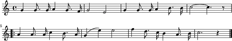 
  \new Voice \relative c'' {
    \autoBeamOff
    \language "deutsch"
    \tempo 4 = 120 \set Score.tempoHideNote = ##t
\new Voice \relative c'' {
  \autoBeamOff
  \language "deutsch"
  \tempo 4 = 120 \set Score.tempoHideNote = ##t
  \key c \major
  g4 g8. g16 a4 g8. f16 g2 e
  g4 g8. g16 a4 h8. h16 c2~ c4. r8
  \repeat volta 2 {
    a4 a8. a16 c4 h8. a16 g4 ( e' ) e2
    f4 d8. c16 h4 a8. h16 c2. r4
  }
  \bar "|."
}
  }

