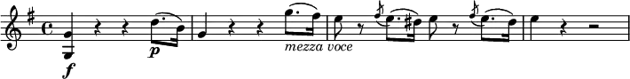 \relative g' {
\key g \major \time 4/4
<g g,>4 \f r r d'8.( \p b16)
g4 r r g'8.( _\markup { \italic "mezza voce" } fis16)
e8 r \acciaccatura fis8 e8.( dis16) e8 r \acciaccatura fis8 e8.( dis16)
e4 r r2
}