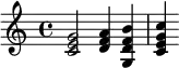  { \new PianoStaff << \new Staff \relative c' { \set Staff.midiInstrument = #"violin" <c e g>2 | <d f a>4 | <g, d' f b> | <c e g c> } >> } 