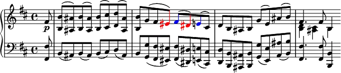 \version "2.14.2"
\header {
tagline = ##f
}
upper = \relative c'' {
%\set Score.currentBarNumber = #44
\clef treble
\key b \minor
\time 4/4
\tempo 4 = 85
<< { \partial 8 fis,8\p | <b, b'>( <ais ais'>) <b b'>( <ais ais'>) | <b b'>( <cis cis'>) <d d'>( <ais ais'>) | <b b'> g'( fis \tweak NoteHead.color #red \tweak Stem.color #red \tweak Accidental.color #red eis) \tweak NoteHead.color #blue \tweak Stem.color #blue \tweak Accidental.color #blue fis( \tweak NoteHead.color #red \tweak Stem.color #red \tweak Accidental.color #red dis) \tweak NoteHead.color #blue \tweak Stem.color #blue e( cis) | d b ais b g'( e) ais( b) | fis4. fis8 b,4 }
\\
{ \partial 8 s8 | s1 s1 s1 <b d>4 <ais cis> b }
>>
}
lower = \relative c {
\clef bass
\key b \minor
\time 4/4
\tempo 4 = 85
{ \partial 8 <fis fis,>8 | b,( ais) b( ais) | b( cis) d( ais) | b <g g'>( <fis' fis,> <eis eis,>) <fis fis,>( <dis dis,>) <e e,>( <cis cis,>) | <d d,> <b b,> <ais ais,> <b b,> <g g'>( <e e'>) <ais ais'>( <b b'>) | <fis fis'>4. <fis fis'>8 <b, b'>4 }
}
\paper { indent = 0 }
\score {
\new PianoStaff <<
\new Staff = "upper" \upper
\new Staff = "lower" \lower
>>
\layout {
\context {
\Score
\remove "Metronome_mark_engraver"
}
}
\midi { }
}