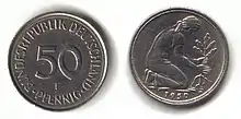 50-Pfenning-Münze (Vorderseite links, Rückseite rechts)