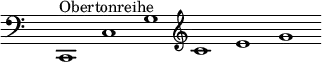 
  \new Staff {
  \clef bass
  \time 6/1
\override Staff.TimeSignature.transparent = ##t
      \relative c, { c1^Obertonreihe c' g' \clef treble c e g % Remove bar line at the end of the current line
                                                                 \once \override Score.BarLine.break-visibility = #'#(#f #t #t)
                                                                 \break}
  }
