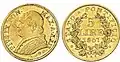 5&nbsp;Lire Vatikan Gold 1857, Raugewicht 1,60&nbsp;g =&nbsp;1,45&nbsp;g Feingold