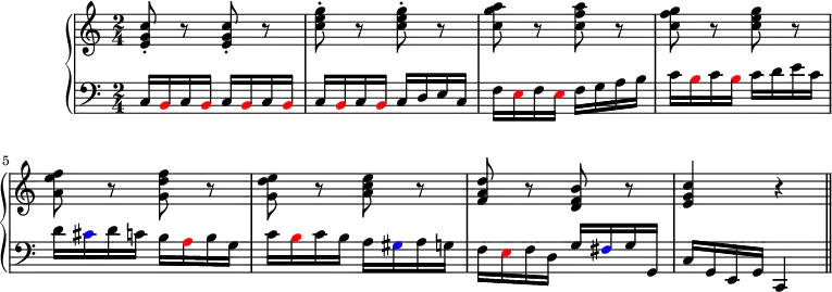 \header {tagline = ##f}
upper = \relative c' {
\clef treble
\key c \major
\time 2/4
\tempo 4 = 96
<e g c>8-. r <e g c>-. r <c' e g>-. r <c e g>-. r <c g' a> r <c f a> r <c f g> r <c e g> r <a e' f> r <g d' f> r <g d' e> r <a c e> r <f a d> r <d f b> r <e g c>4 r \bar "||" }
lower = \relative c {
\clef bass
\key c \major
\time 2/4
c16 \tweak NoteHead.color #red b c \tweak NoteHead.color #red b c \tweak NoteHead.color #red b c \tweak NoteHead.color #red b c \tweak NoteHead.color #red b c \tweak NoteHead.color #red b c d e c f \tweak NoteHead.color #red e f \tweak NoteHead.color #red e f g a b c \tweak NoteHead.color #red b c \tweak NoteHead.color #red b c d e c d \tweak NoteHead.color #blue cis d c b \tweak NoteHead.color #red a b g c \tweak NoteHead.color #red b c b a \tweak NoteHead.color #blue gis a g f \tweak NoteHead.color #red e f d g \tweak NoteHead.color #blue fis g g, c g e g c,4 }
\score {
\new PianoStaff <<
\new Staff = "upper" \upper
\new Staff = "lower" \lower
>>
\layout {
\context {
\Score
\remove "Metronome_mark_engraver"
}
}
\midi { }
}