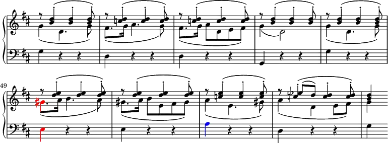 \version "2.14.2"
\header {
tagline = ##f
}
upper = \relative c'' {
\override Score.TimeSignature.stencil=##f
\set Score.currentBarNumber = #44
\clef treble
\key d \major
\time 3/4
\tempo 4 = 120
<< { r8 <b d>4-.-( <b d>-. <b d>8-.-) | r8 <c d>4-.-( <c d>-. <c d>8-.-) | r8 <c d>4-.-( <c d>-. <c d>8-.-) | r8 <b d>4-.-( <b d>-. <b d>8-.-) | r8 <b d>4-.-( <b d>-. <b d>8-.-) | r8 <d e>4-.-( <d e>-. <d e>8-.-) | r8 <d e>4-.-( <d e>-. <d e>8-.-) | r8 <c e>4-.-( <c e>-. <c e>8-.-) |
r8 c4-.-( <c d>-. <c d>8-.-) | <b d>4 }
\\
{ g4( d4. g8) | fis8.( g16 a4. g8) | fis8.( g16 a8 d, e fis) | g4( d2) |
g4( d4. g8) | \tweak NoteHead.color #red \tweak Stem.color #red \tweak Accidental.color #red gis8.( a16 b4. a8) | gis8.( a16 b8 e, fis gis) |
a4( e4. gis8) | a4( d, e8 fis) | g4 }
\\
{ s2. s2. s2. s2. s2. s2. s2. s2. | r8 es'( d) s4. | s4 }
>>
}
lower = \relative c {
\override Score.TimeSignature.stencil=##f
\clef bass
\key d \major
\time 3/4
\tempo 4 = 120
{ g'4 r r d r r d r r g, r r g' r r \tweak NoteHead.color #red \tweak Stem.color #red \tweak Accidental.color #red e r r e r r \tweak NoteHead.color #blue \tweak Stem.color #blue \tweak Accidental.color #blue a r r d, r r g }
}
%\addlyrics { \once \override LyricText.self-alignment-X = #1 G-Dur:_I V – I – \once \override %LyricText.self-alignment-X = #1 a-Moll:_V – I \once \override LyricText.self-alignment-X = #1 G-Dur:_V I }
\paper { indent = 0 }
\score {
\new PianoStaff <<
\new Staff = "upper" \upper
\new Staff = "lower" \lower
>>
\layout {
\context {
\Score
\remove "Metronome_mark_engraver"
}
}
\midi { }
}