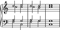 {
\new PianoStaff <<
\new Staff \with { \remove "Time_signature_engraver" } { \clef violin \key c \major << { d''2 } \\ { c''2 } >> << { e''2 } \\ { c''2 } >> << { d''2 } \\ { c''2 } >> << { d''2 } \\ { b'2 } >> << { e''1 } \\ { c''1 } >> }
\new Staff \with { \remove "Time_signature_engraver" } { \clef bass \key c \major << { a2 } \\ { f2 } >> << { g2 } \\ { c2 } >> << { a2 } \\ { f2 } >> << { g2 } \\ { g2 } >> << { g1 } \\ { c1 } >> }
>> }