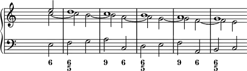 
\new PianoStaff <<
<< % wegen Generalbass
   \new Staff <<
    \set Score.tempoHideNote = ##t
    \tempo 4 = 160
    \override Staff.TimeSignature.transparent = ##t
     <<
     \new Voice = "first"
       \relative c''
         { \voiceOne s2 e d1 c b a g \bar "" }
     \new Voice = "second"
       \relative c'
         { \voiceTwo s2 c' ~ c b ~ b a ~ a g ~ g f ~ f e }
     >>
     >>
    \new Staff <<
           \override Staff.TimeSignature.transparent = ##t
              \clef "bass"
              \relative c { s e f g a c, d e f a, b c }
     >>
 >>
  \new FiguredBass {
    \figuremode { <_>2 <6> <6 5> <_> <9> <6> <6 5> <_> <9> <6> <6 5> <_> }
   }
>> % wegen Generalbass
