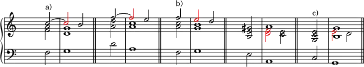 
\new PianoStaff <<
   \new Staff <<
    \set Score.tempoHideNote = ##t
    \tempo 4 = 160
    \override Staff.TimeSignature.transparent = ##t
     <<
     \new Voice = "first"
       \relative c''
         { \voiceOne s2 c^"a)" ~ \tweak NoteHead.color #red \tweak Stem.color #red c b \bar "||" s2 f' ~ \tweak NoteHead.color #red \tweak Stem.color #red f e \bar "||" s2 f^"b)" \tweak NoteHead.color #red \tweak Stem.color #red e d \bar "||" s2 <gis, e b> a1 \bar "||" s2 <g, c e>^"c)" <b g'>1 \bar "||" }
     \new Voice = "second"
       \relative c'
         { \voiceTwo s2 <f a> <d g>1 s2 <a' d> <a c>1 s2 <a c> <g b>1 s1 <\tweak NoteHead.color #red \tweak Stem.color #red d \tweak NoteHead.color #red \tweak Stem.color #red f>2 <c e> s1 \tweak NoteHead.color #red \tweak Stem.color #red e2 d }
     >>
     >>

    \new Staff <<
           \override Staff.TimeSignature.transparent = ##t
              \clef "bass"
              \relative c { s2 f g1 s2 d' a1 s2 f g1 s2 e a,1 s2 c g1 }
     >>
 >>
