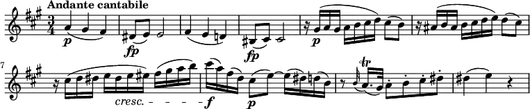 \relative c'' {
\version "2.18.2"
\key a \major
\time 3/4
\tempo "Andante cantabile"
\tempo 4 = 70
a4\p (gis fis)
dis8\fp (e) e2
fis4 (e d!)
bis8\fp (cis) cis2
r16 gis'\p (a gis a b cis d) cis8 (b)
r16 ais (b ais b cis d e) d8 (cis)
r16 cis (d dis e dis\cresc e eis) fis (gis a b)
cis\f (a) fis (d) cis8\p (e) ~ e16 (dis) d (b)
r8 \grace b32 (a16.)\trill (gis32) a8-. b-. cis-. dis-.
dis4 (e) r
}