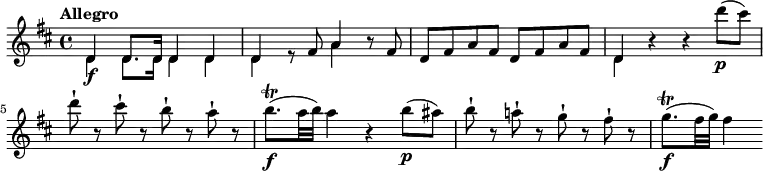 \relative c' {
\version "2.18.2"
\key d \major
\time 4/4
\tempo "Allegro"
\tempo 4 = 130
<<{\stemDown d4\f d8. d16 d4 d d s8 s8 a'4} \\ {\stemUp d,4 d8. d16 d4 d d r8 fis a4}>>
r8 fis d fis a fis d fis a fis <<{\stemDown d4} \\ {\stemUp d4}>>
r4 r d''8\p (cis) d-! r cis-! r b-! r a-! r
b8.\trill \f (a32 b) a4 r b8\p (ais)
b-! r a!-! r g-! r fis-! r
g8.\trill \f (fis32 g) fis4
}