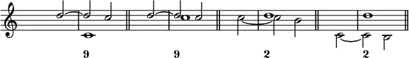 
  \new Staff
<<
\override Staff.TimeSignature.transparent = ##t
\set Score.tempoHideNote = ##t
  \time 2/2
    \tempo 4 = 160
 <<
 \new Voice = "first"
    \relative c''
      { \voiceOne s2 d ~ d c \bar "||" s d ~ d c \bar "||" s1 d \bar "||" s1 d \bar "||" 
      }
 \new Voice = "second"
    \relative c'
      { \voiceTwo s1 c \bar "||" s1 c' \bar "||" s2 c ~ c b \bar "||" s c, ~ c b \bar "||"
      }
 >>
  \new FiguredBass {
    \figuremode { <_>1 <9> <_> <9> <_> <2> <_> <2>
    }
  }
>>
