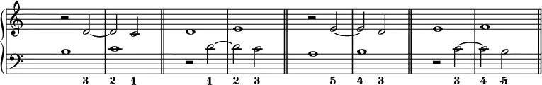 
\new PianoStaff <<
<< % wegen Generalbass
   \new Staff <<
    \set Score.tempoHideNote = ##t
    \time 3/2
    \tempo 4 = 160
    \override Staff.TimeSignature.transparent = ##t
            \relative c' { s2 r d ~ d c s \bar "||" s2 d1 e s2 \bar "||" s2 r e ~ e d s \bar "||" s2 e1 f s2 \bar "||" }
          >>

    \new Staff <<
           \override Staff.TimeSignature.transparent = ##t
              \clef "bass"
              \relative c' { s2 b1 c s2 \bar "||" s2 r2 d ~ d c s \bar "||" s2 a1 b s2 \bar "||" s2 r c ~ c b s \bar "||" }
     >>
 >>
  \new FiguredBass {
    \figuremode { <_>1 <3>2 <2> <1> <_>1. <1>2 <2> <3> <_>1. <5>2 <4> <3> <_>1. <3>2 <4> <5/> }
   }
>> % wegen Generalbass
