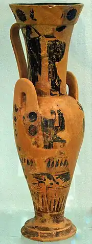 Attisch-schwarzfigurige Hydria-Loutrophoros; Ende 6. Jh. v.&nbsp;Chr., schlecht erhaltene Darstellung einer Prothesis-Szene; Antikensammlung Kiel (B 56)