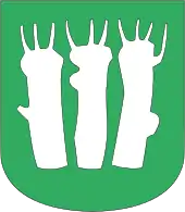 Wappen mit drei stilisierten silbernen Baumstämmen auf grünem Hintergrund