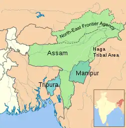  Der Bundesstaat Assam im Jahr 1951. Die North-East Frontier Agency und die Naga Tribal Area hatten einen Sonderstatus, waren jedoch formal Teil Assams (gestrichelt eingezeichnet das von der Volksrepublik China beanspruchte Territorium)
