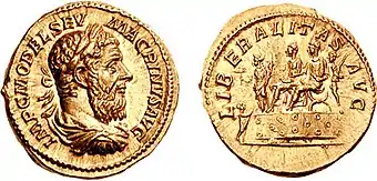 Aureus mit Kaiser Marcus Opellius Macrinus und kurulischem Stuhl
