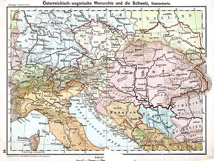 Österreich-Ungarn mit Cisleithanien (gelb), Transleithanien (rosa) und Bosnien-Herzegowina (orange), D. H. Lange: Volksschul-Atlas. 1899
