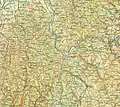 (1c) Nördliche Fortsetzung der Buntsandstein-Stufe: östlich des Ulfenbachtals (Wald-Michelbach&nbsp;-&nbsp;Aschbach&nbsp;-&nbsp;Wahlen&nbsp;-&nbsp;Gras-Ellenbach)&nbsp;-&nbsp;östlich Rohrbachs&nbsp;-&nbsp;westlich Kirch-Brombachs&nbsp;-&nbsp;Kinzig&nbsp;-&nbsp;Hummetroth&nbsp;-&nbsp;Bogen nördlich des Mümlingtals zum Spessart. (2a) Übergangszone zum östlichen bzw.&nbsp;südöstlichen Muschelkalkgebiet entlang der südlich-südwestlichen Linie Wertheim&nbsp;–&nbsp;Külsheim&nbsp;–&nbsp;Walldürn&nbsp;–&nbsp;Buchen. Weitere kartographische Darstellungen und Luftaufnahmen der Region: