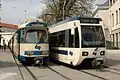 Die gegenwärtig eingesetzten Typen der Reihen 100 und 400 in der Endstelle Baden Josefsplatz, Wagen 118 und 404