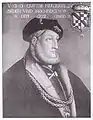 Weitere Darstellung Christophs. Hier ist das badisch-sponheimische Wappen von einer Krone bedeckt.