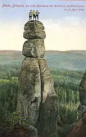 historische Postkarte der Erstbesteigung der Barbarine, das angegebene Datum ist falsch, die Erstbesteigung fand bereits am 19.&nbsp;September 1905 statt