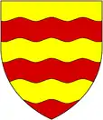 Links: Altes Wappen der Bassetts: Sechs waagerechte Wellen gold und rot. Dieses Wappen sieht man auf vier Grabplatten aus dem 17. Jahrhundert in der Kirche von Heanton Punchardon. Rechts Wappenschild auf einer Zinne oberhalb der Haupteingangshalle von Watermouth Castle mit dem Wappen der Bassetts, gerviert mit dem der Davies.