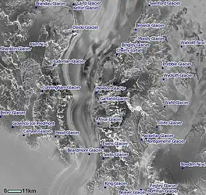 Der Ludeman-Gletscher (Mitte links) an der Ostflanke des Beardmore-Gletschers (Satelliten-Aufnahme)