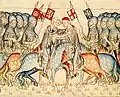 Kurfürst Balduin von Trier (Wappen: rotes Kreuz auf weißem Grund) begegnet seinem Neffen Johann, dem König von Böhmen (Wappen: weißer Löwe auf rotem Grund). In der Begleitung Johanns erkennt man an seinem Wappen (weißes Rad auf rotem Grund) den Erzbischof von Mainz.