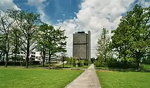 Das frühere Gelände des Sportparks Gronau vor dem Abgeordnetenhochhaus Langer Eugen