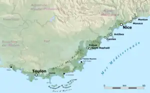 Reliefkarte der Côte d’Azur (bedeutendste Gemeinden eingezeichnet)
