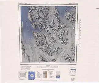 Kartenblatt Mount Soza von 1967, Mittelteil des Rennick-Gletschers im Westen der Karte