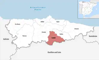 Die Lage der Comarca Caudal in der autonomen Gemeinschaft Asturien
