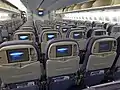 Bestuhlung eines Flugzeugs mit Taschen, Klapptischen und Unterhaltungs-Displays