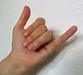 6 – der kleine Finger und der Daumen werden gespreizt, die anderen Finger geschlossen (ikonisch für 六,  liù&nbsp;–&nbsp;„sechs“)