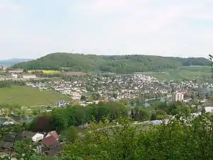 Cholfirst, von Neuhausen am Rheinfallaus gesehen mit Rhein und Flurlingen