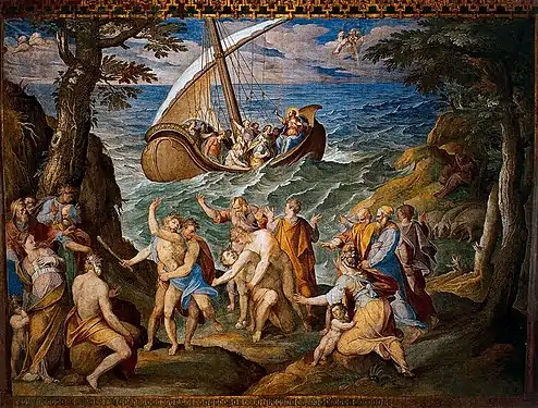 Niccolò Circignani und  Mathijs Bril: Jesus beruhigt den Sturm am See Genezareth, Fresko in der Sala della Meridiana, Turm der Winde, Vatikan